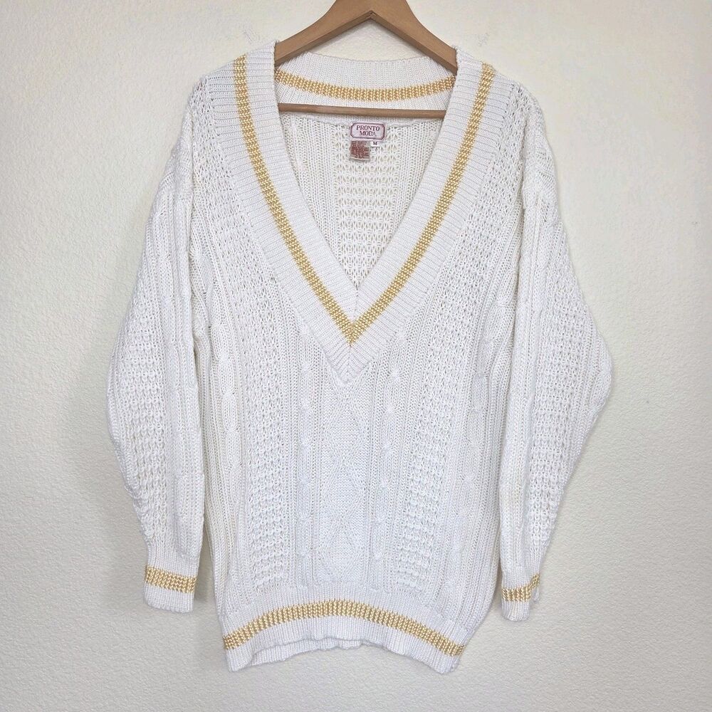 Vintage Pronto Moda V-neck Preppy Cableknit  Sweater Med Cream Gold Trim Tennis